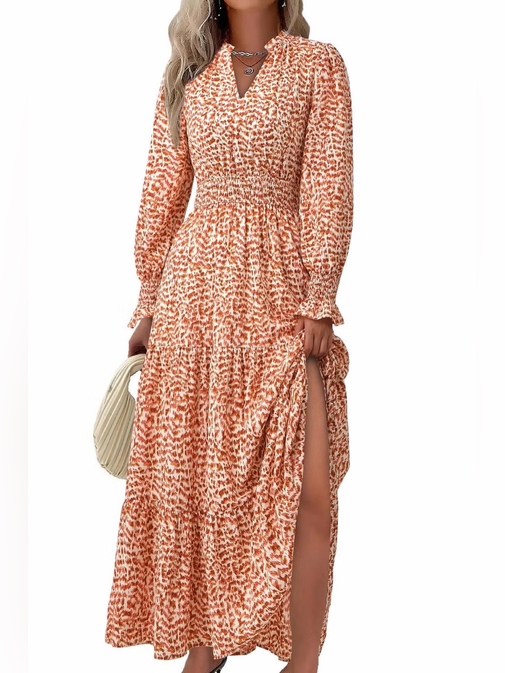 PrettyGarden XL Rust Cream Printed Smocked Waist Tiered Maxi Dress Boho Fall